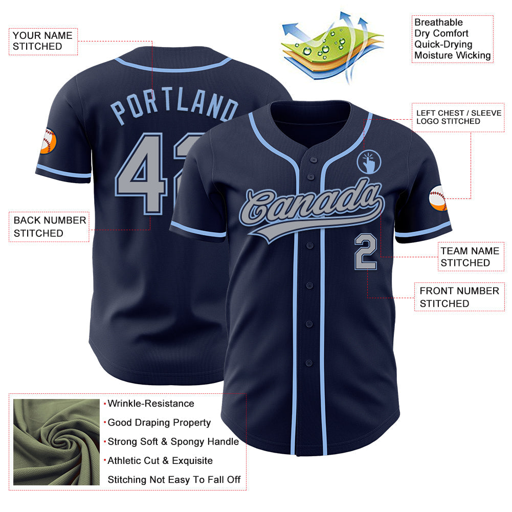 Custom Navy Gray-Light Blue Authentic Baseball Jersey baseball jersey product view 3