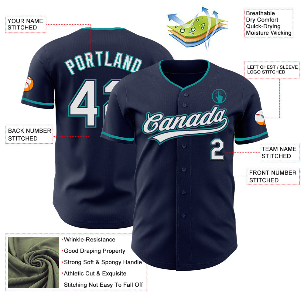 Custom Navy White-Teal Authentic Baseball Jersey baseball jersey product view 3