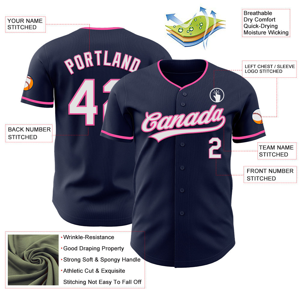 Custom Navy White-Pink Authentic Baseball Jersey baseball jersey product view 3