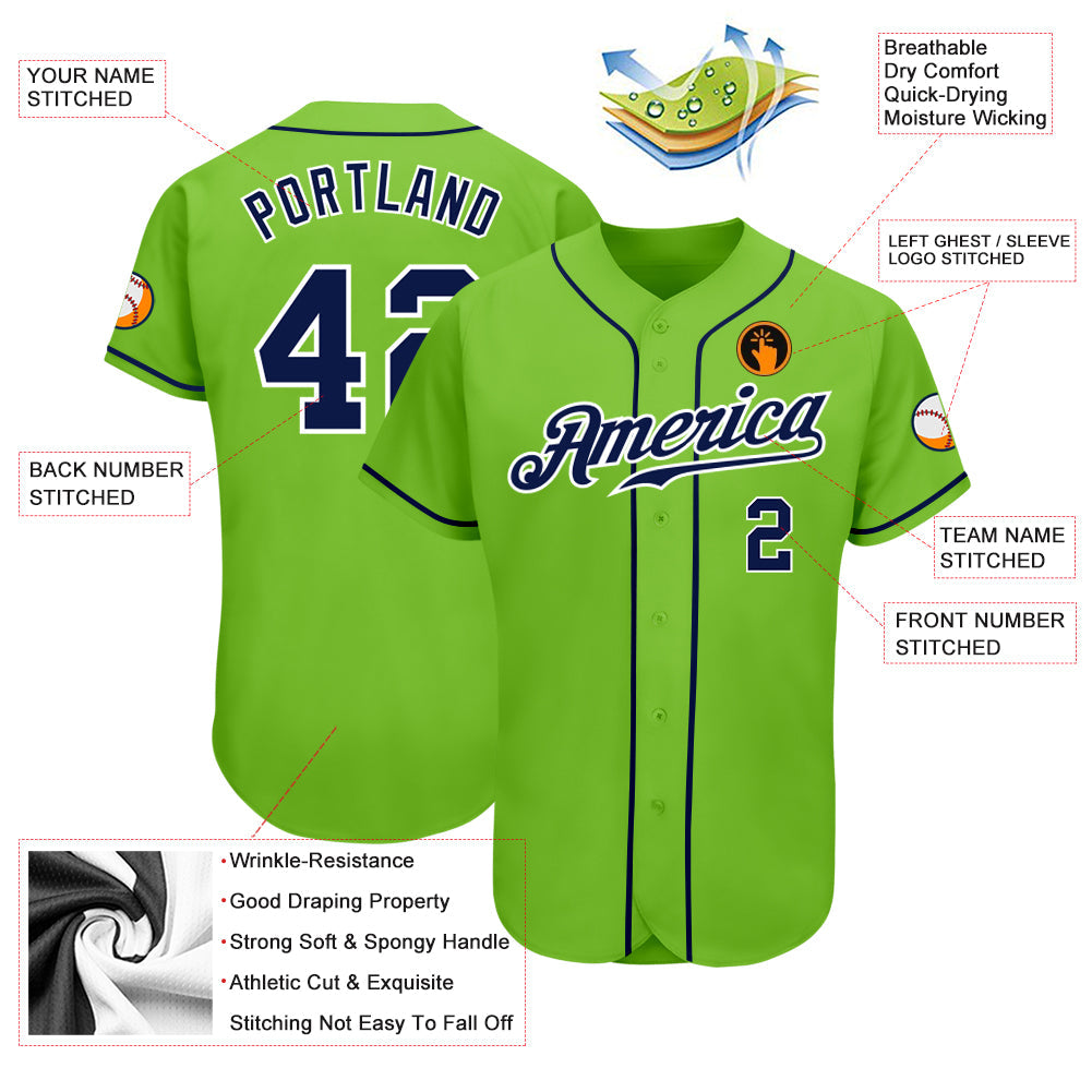Custom Neon Green Navy-White Authentic Baseball Jersey baseball jersey product view 3