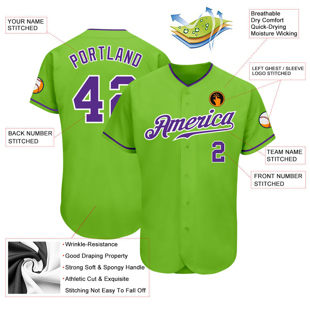 Custom Neon Green Purple-White Authentic Baseball Jersey baseball jersey product view 4