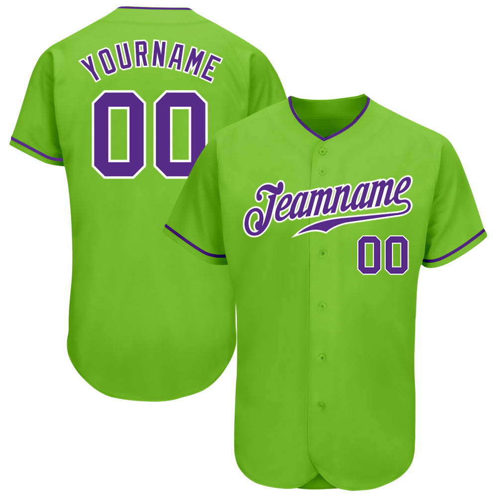 Custom Neon Green Purple-White Authentic Baseball Jersey baseball jersey product view 1