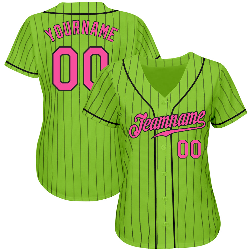 Custom Neon Green Black Pinstripe Pink-Black Authentic Baseball Jersey baseball jersey product view 2