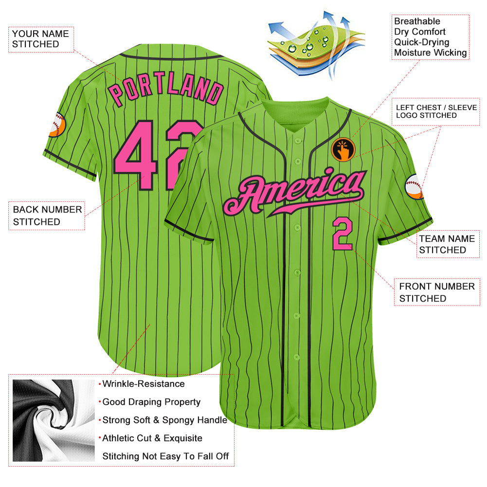 Custom Neon Green Black Pinstripe Pink-Black Authentic Baseball Jersey baseball jersey product view 3