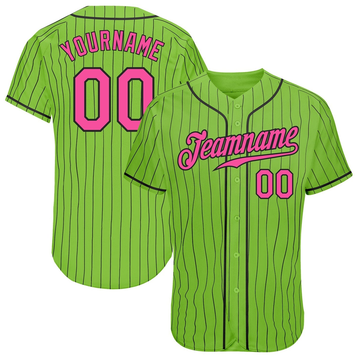 Custom Neon Green Black Pinstripe Pink-Black Authentic Baseball Jersey baseball jersey product view 1