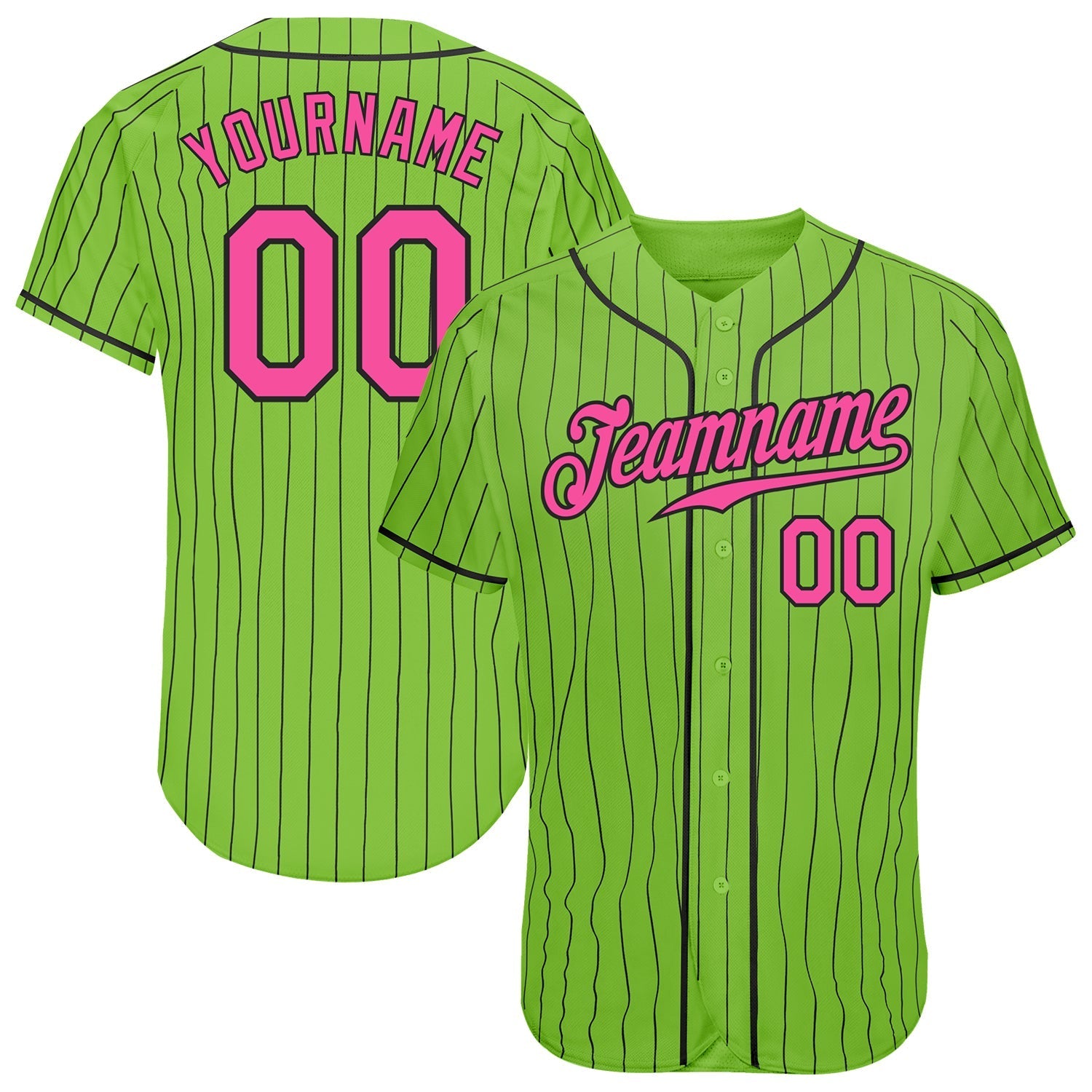 Custom Neon Green Black Pinstripe Pink-Black Authentic Baseball Jersey baseball jersey product view 1