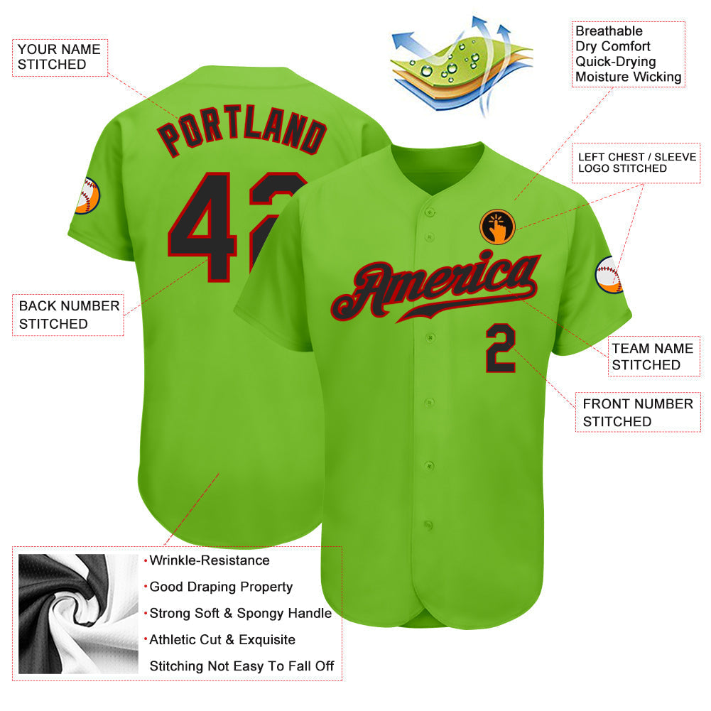 Custom Neon Green Black-Red Authentic Baseball Jersey baseball jersey product view 3