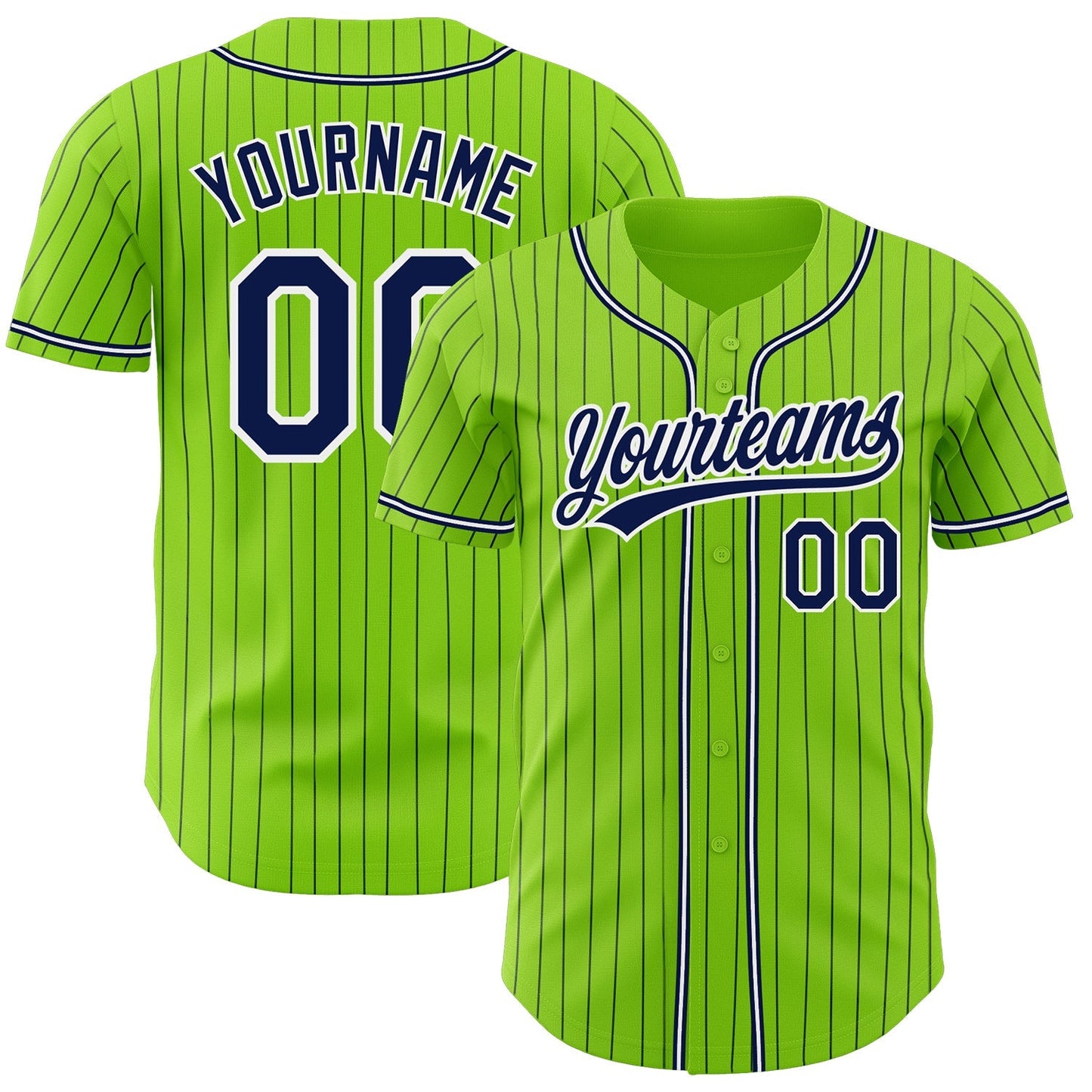 Custom Neon Green Navy Pinstripe Navy-White Authentic Baseball Jersey baseball jersey product view 1