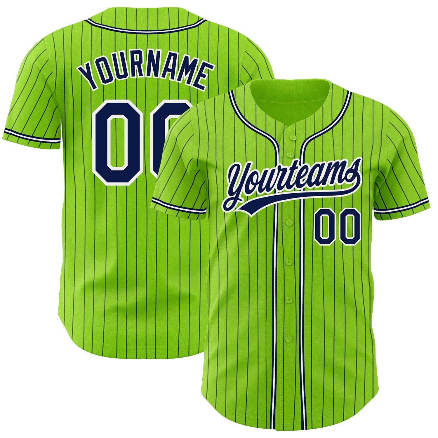 Custom Neon Green Navy Pinstripe Navy-White Authentic Baseball Jersey baseball jersey product view 1