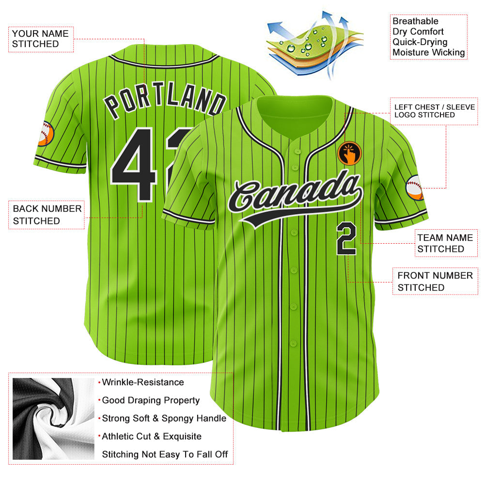 Custom Neon Green Black Pinstripe Black-White Authentic Baseball Jersey baseball jersey product view 3