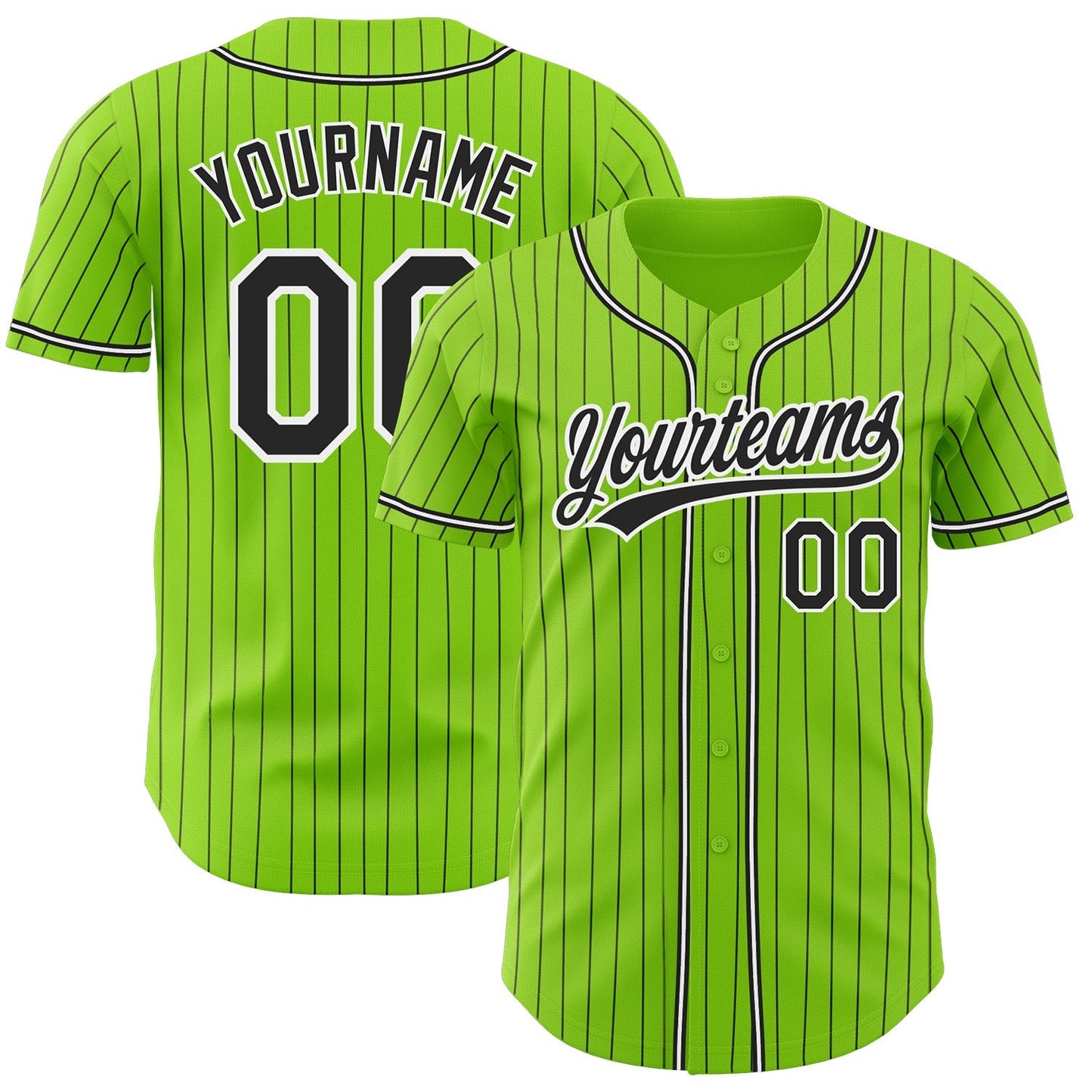 Custom Neon Green Black Pinstripe Black-White Authentic Baseball Jersey baseball jersey product view 1