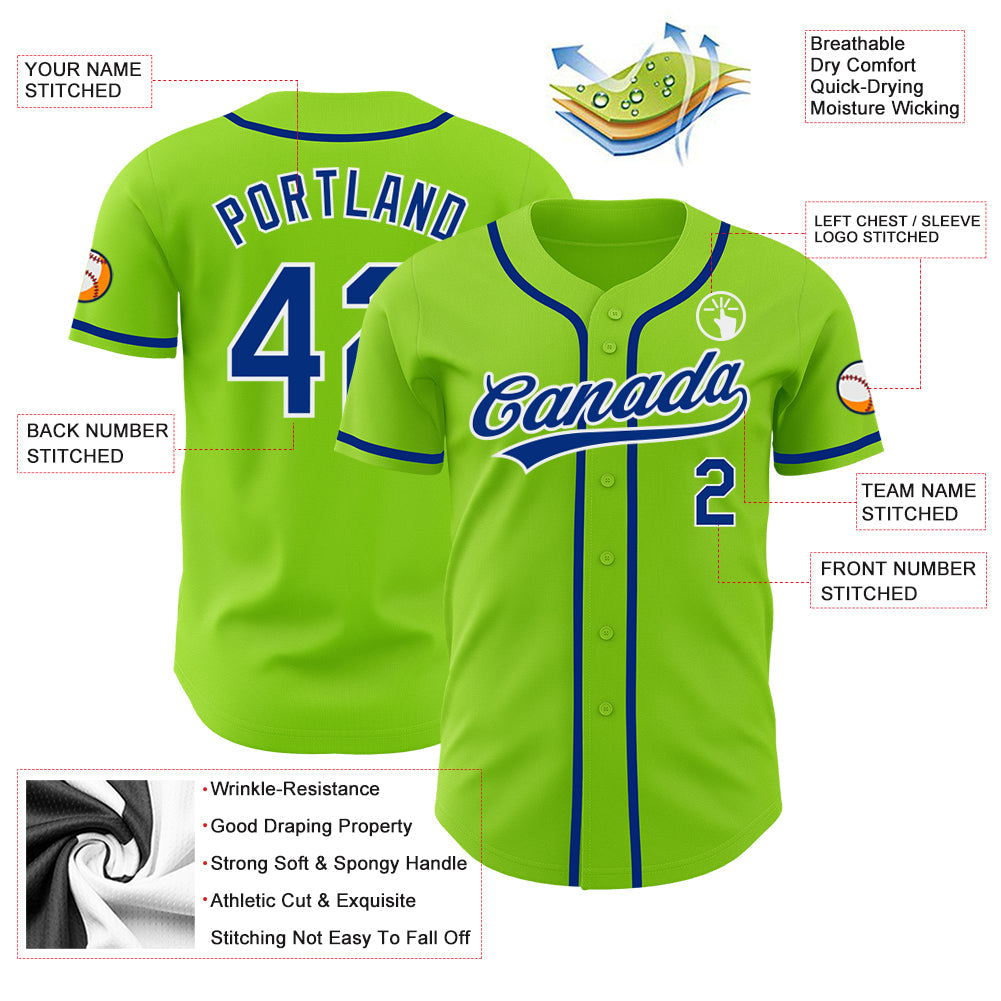 Custom Neon Green Royal-White Authentic Baseball Jersey baseball jersey product view 3