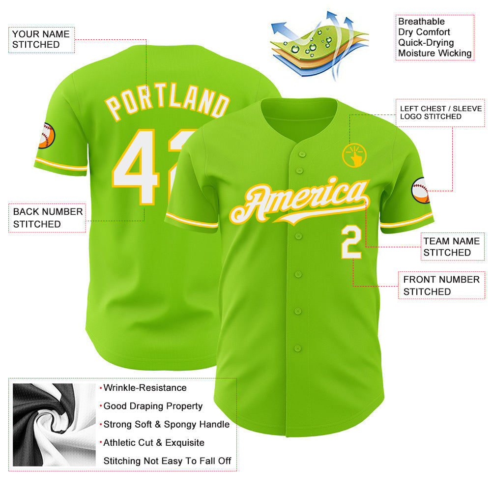 Custom Neon Green White-Yellow Authentic Baseball Jersey baseball jersey product view 3
