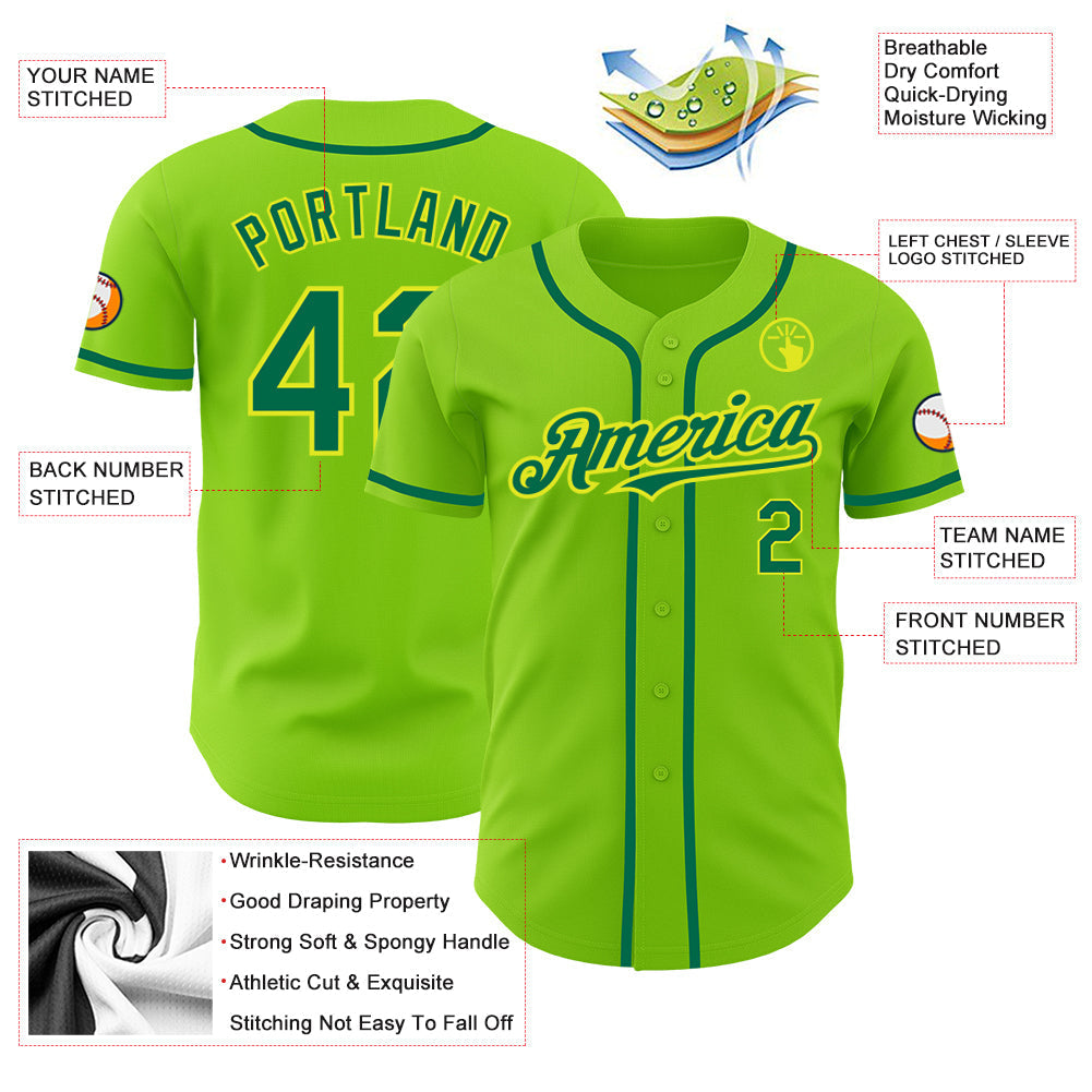 Custom Neon Green Kelly Green-Neon Yellow Authentic Baseball Jersey baseball jersey product view 3