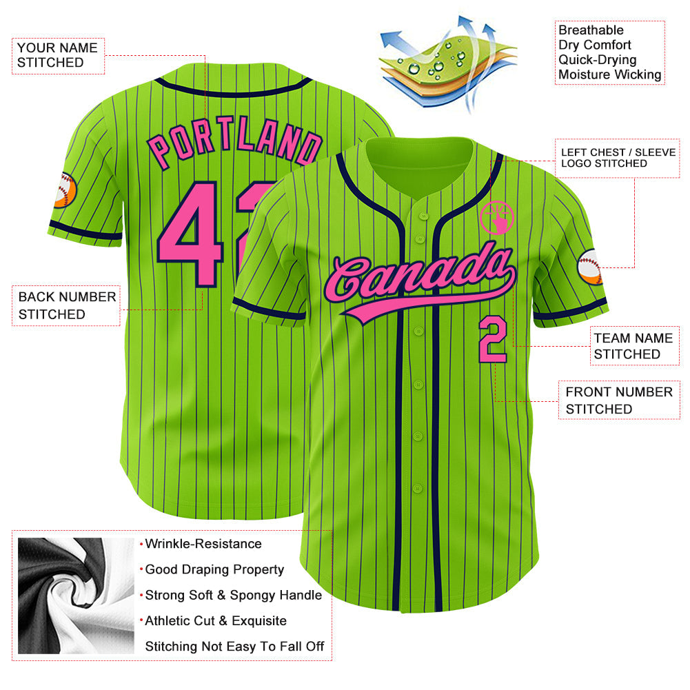 Custom Neon Green Navy Pinstripe Pink Authentic Baseball Jersey baseball jersey product view 3