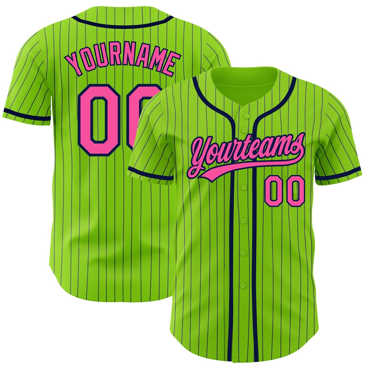Custom Neon Green Navy Pinstripe Pink Authentic Baseball Jersey baseball jersey product view 1