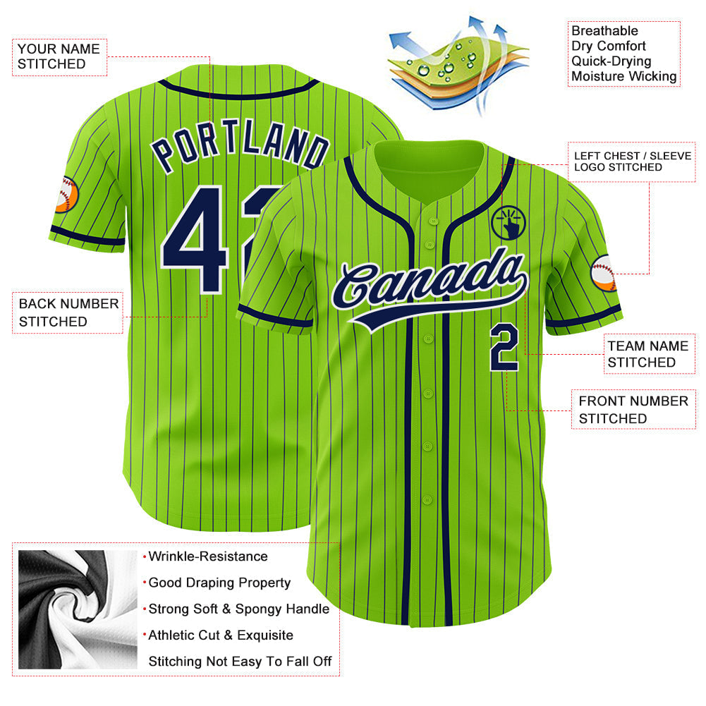 Custom Neon Green Navy Pinstripe White Authentic Baseball Jersey baseball jersey product view 3