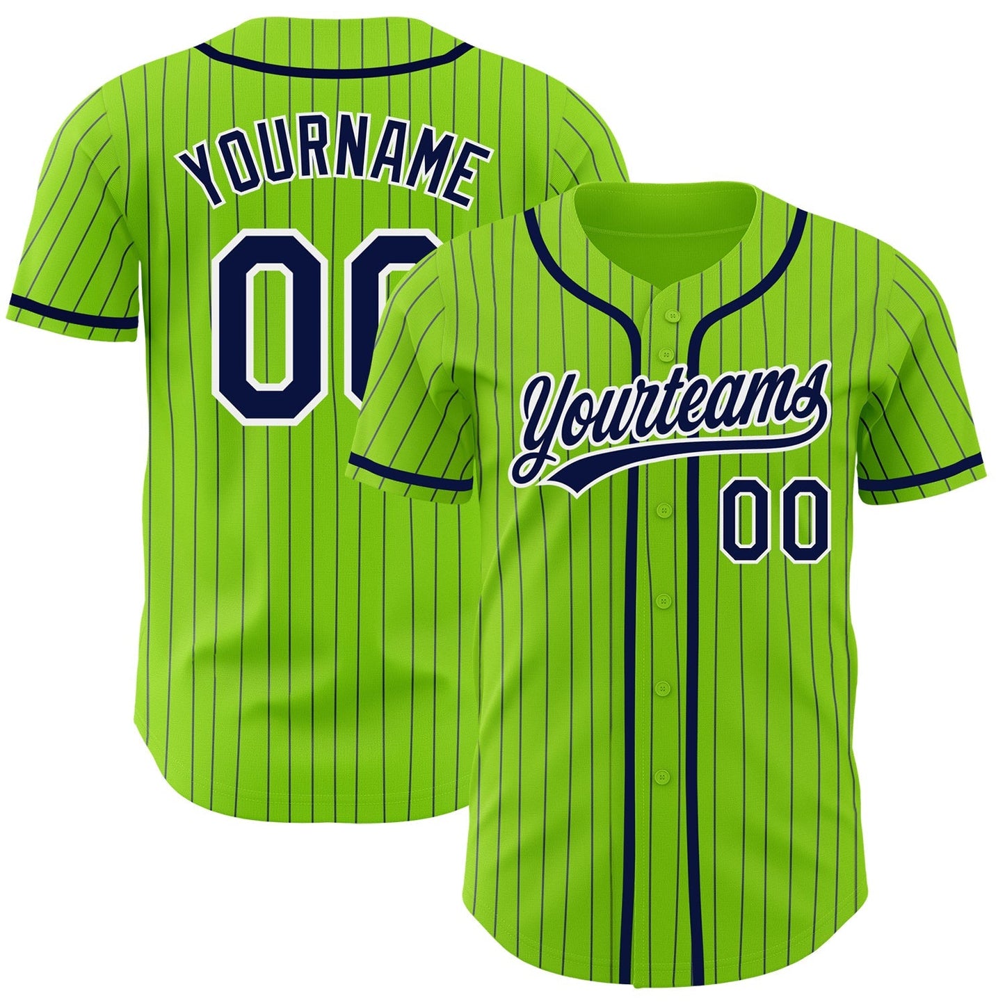 Custom Neon Green Navy Pinstripe White Authentic Baseball Jersey baseball jersey product view 1