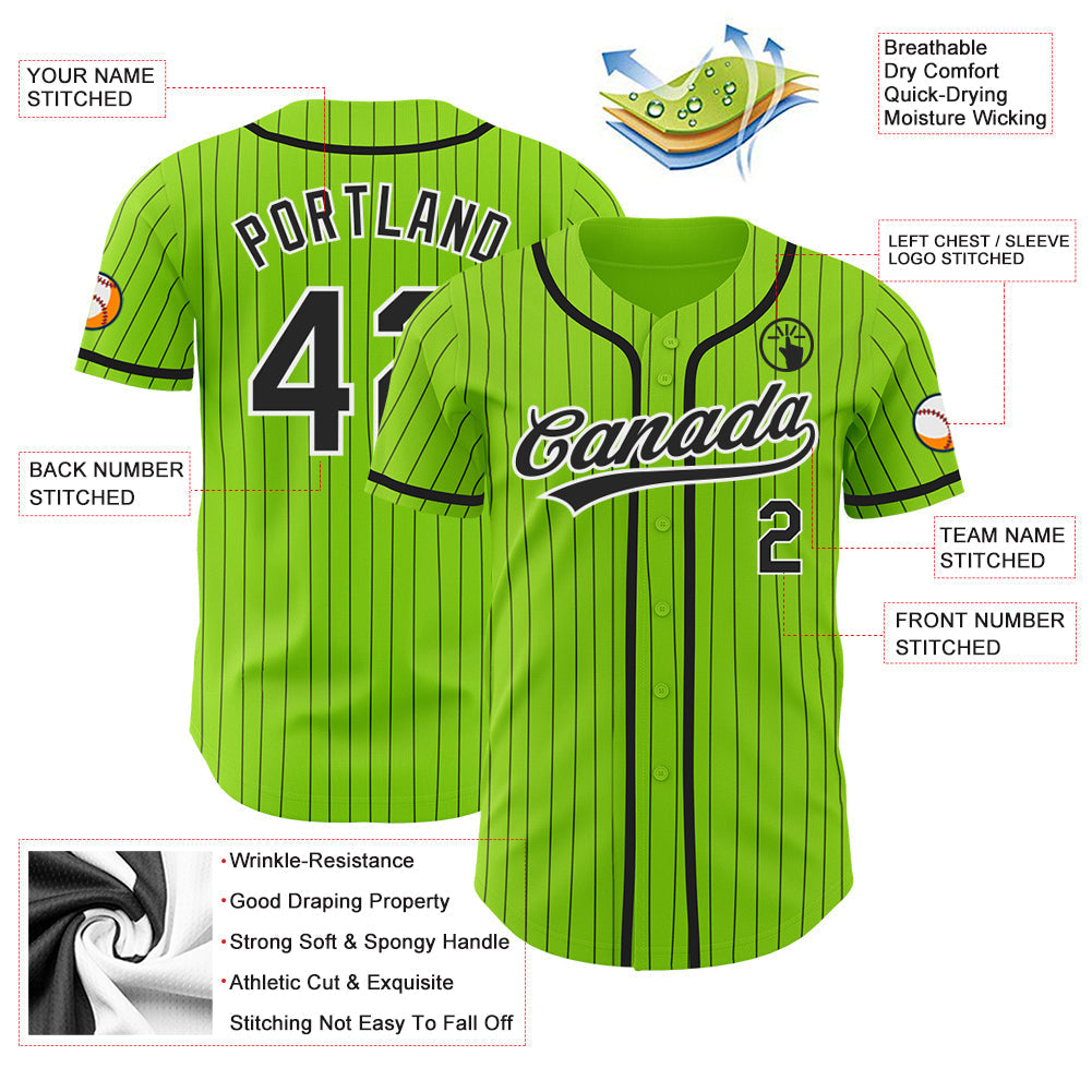 Custom Neon Green Black Pinstripe White Authentic Baseball Jersey baseball jersey product view 3