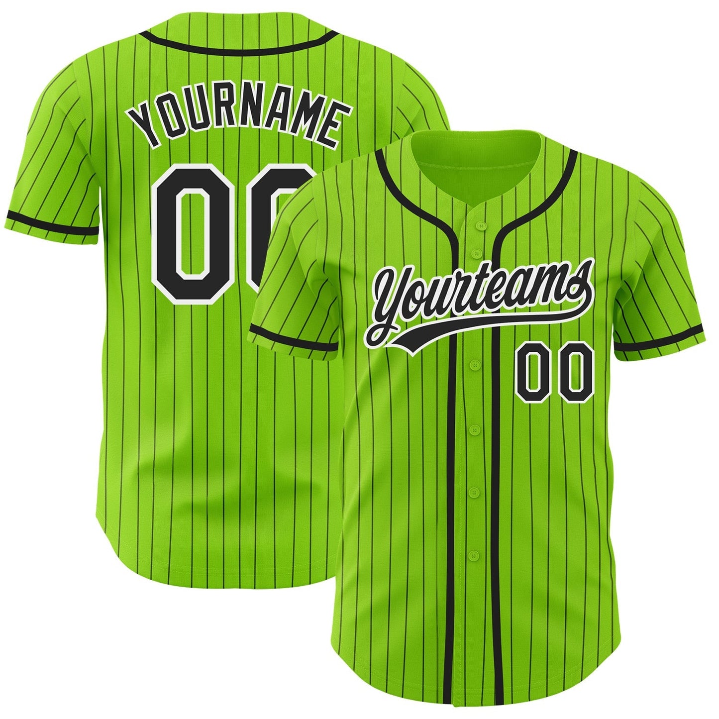 Custom Neon Green Black Pinstripe White Authentic Baseball Jersey baseball jersey product view 1