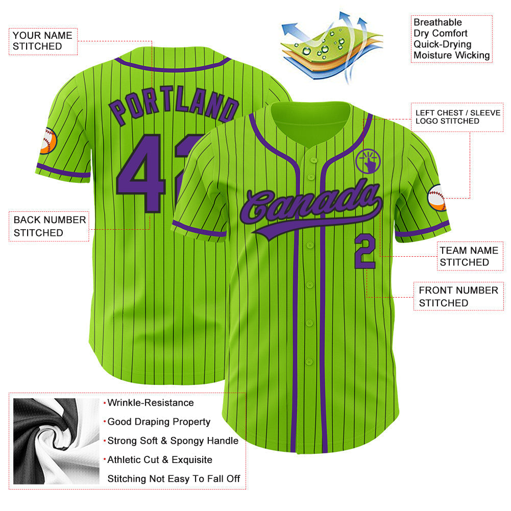 Custom Neon Green Black Pinstripe Purple Authentic Baseball Jersey baseball jersey product view 3