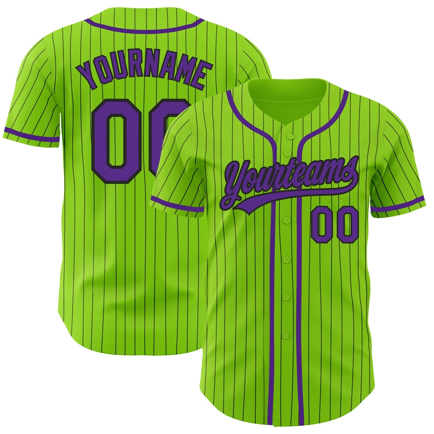 Custom Neon Green Black Pinstripe Purple Authentic Baseball Jersey baseball jersey product view 1