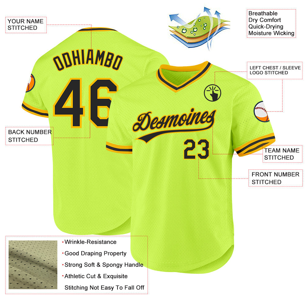 Custom Neon Green Black-Gold Authentic Throwback Baseball Jersey baseball jersey product view 3