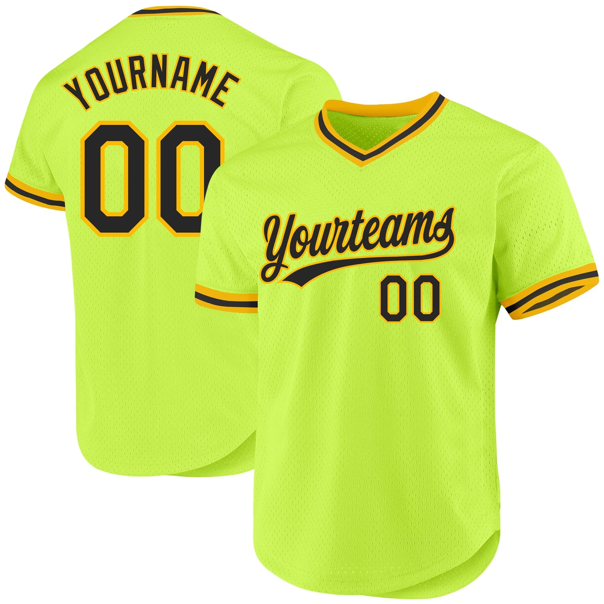Custom Neon Green Black-Gold Authentic Throwback Baseball Jersey baseball jersey product view 1