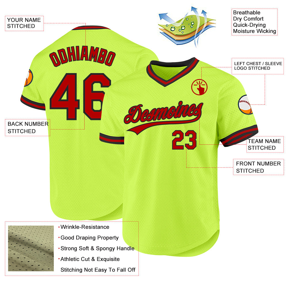 Custom Neon Green Red-Black Authentic Throwback Baseball Jersey baseball jersey product view 3