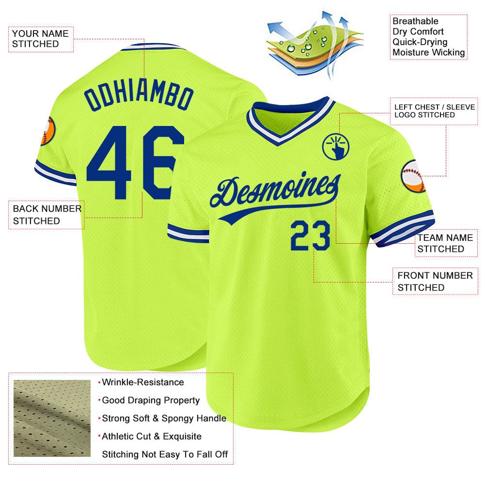 Custom Neon Green Royal-White Authentic Throwback Baseball Jersey baseball jersey product view 3