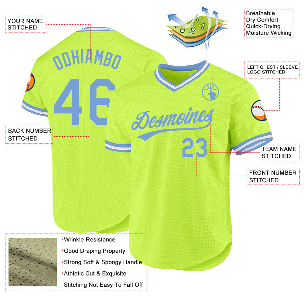 Custom Neon Green Light Blue-White Authentic Throwback Baseball Jersey baseball jersey product view 3