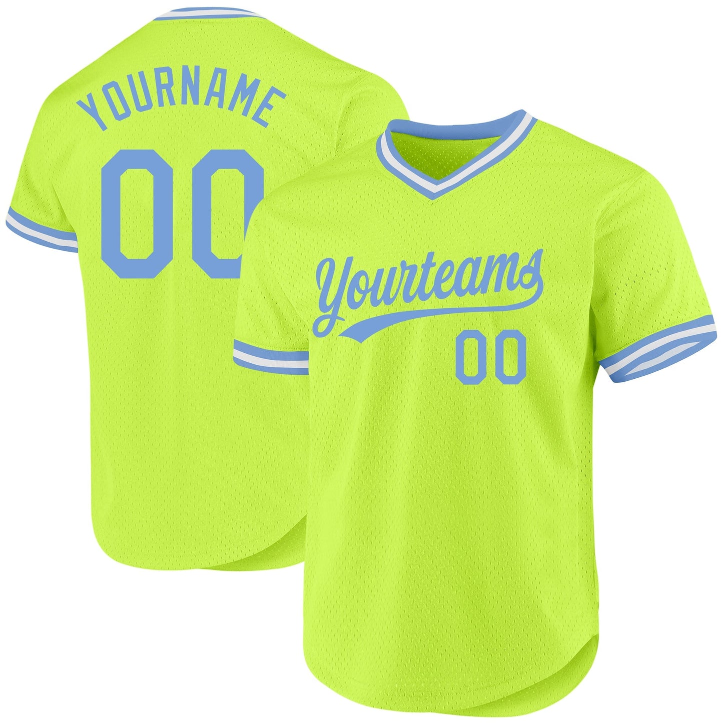 Custom Neon Green Light Blue-White Authentic Throwback Baseball Jersey baseball jersey product view 1