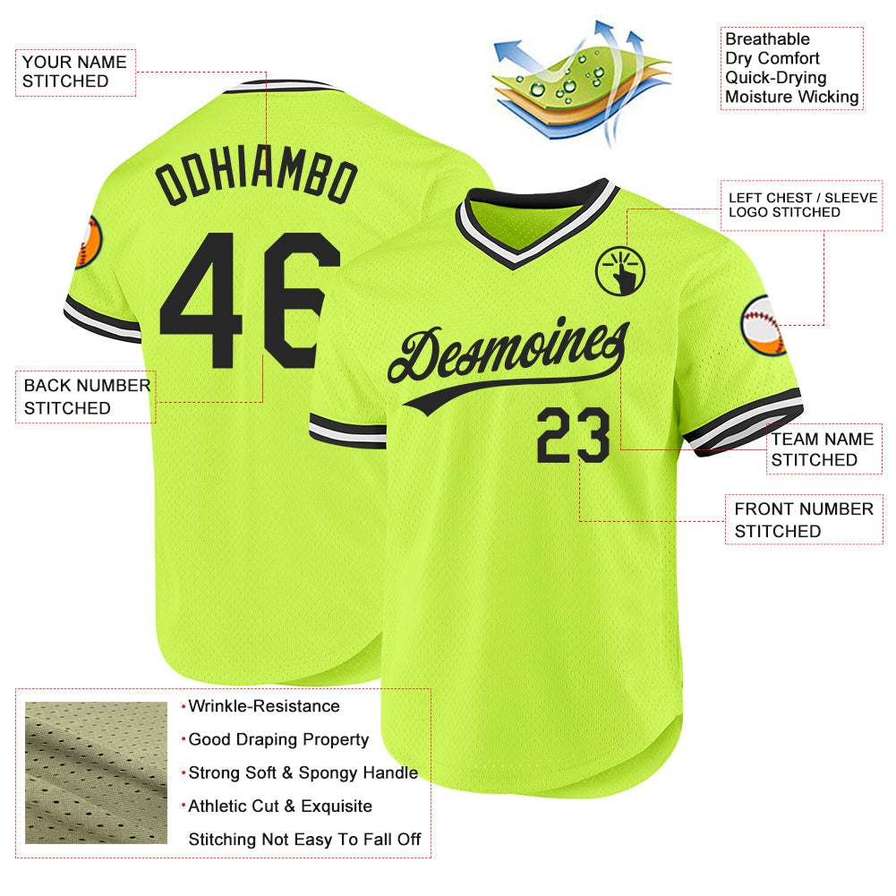 Custom Neon Green Black-White Authentic Throwback Baseball Jersey baseball jersey product view 3