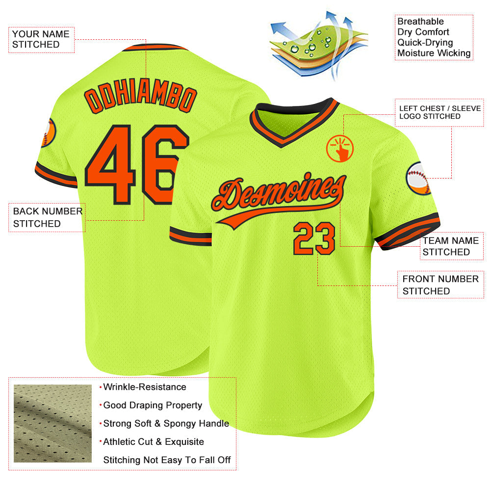 Custom Neon Green Orange-Black Authentic Throwback Baseball Jersey baseball jersey product view 3