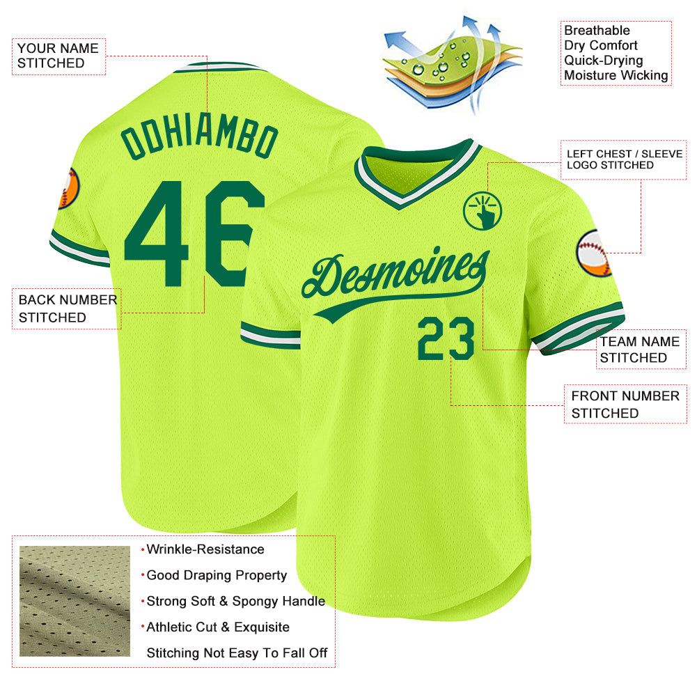 Custom Neon Green Kelly Green-White Authentic Throwback Baseball Jersey baseball jersey product view 3