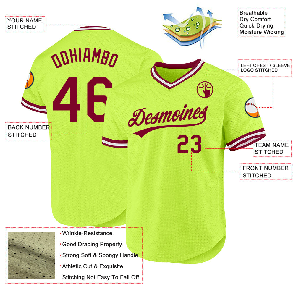 Custom Neon Green Maroon-White Authentic Throwback Baseball Jersey baseball jersey product view 3
