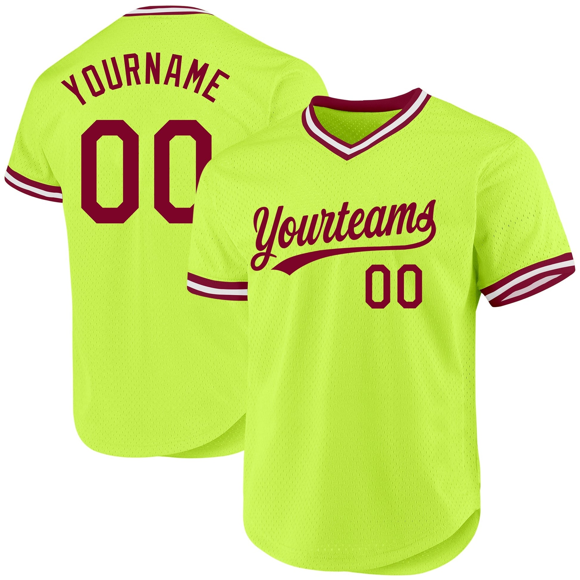 Custom Neon Green Maroon-White Authentic Throwback Baseball Jersey baseball jersey product view 1