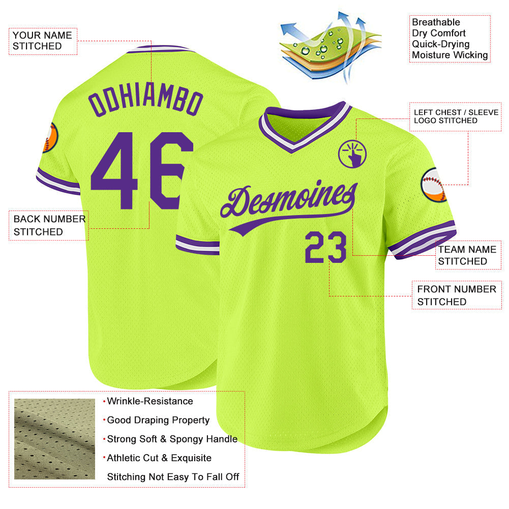 Custom Neon Green Purple-White Authentic Throwback Baseball Jersey baseball jersey product view 3