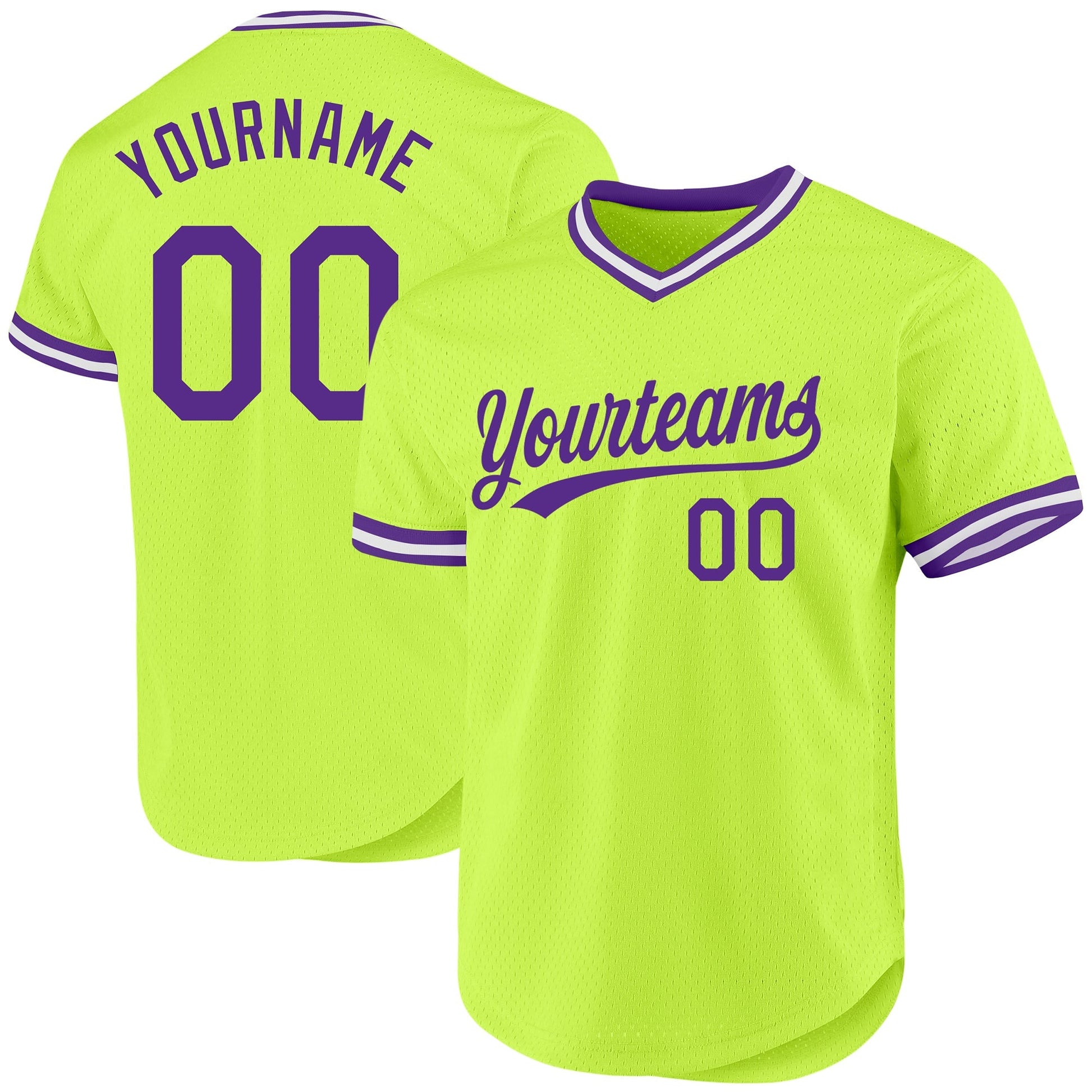 Custom Neon Green Purple-White Authentic Throwback Baseball Jersey baseball jersey product view 1