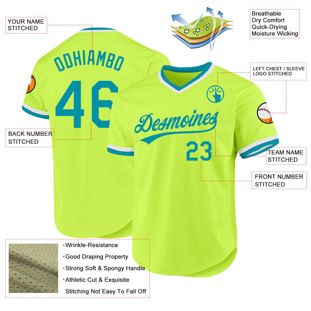 Custom Neon Green Teal-White Authentic Throwback Baseball Jersey baseball jersey product view 3