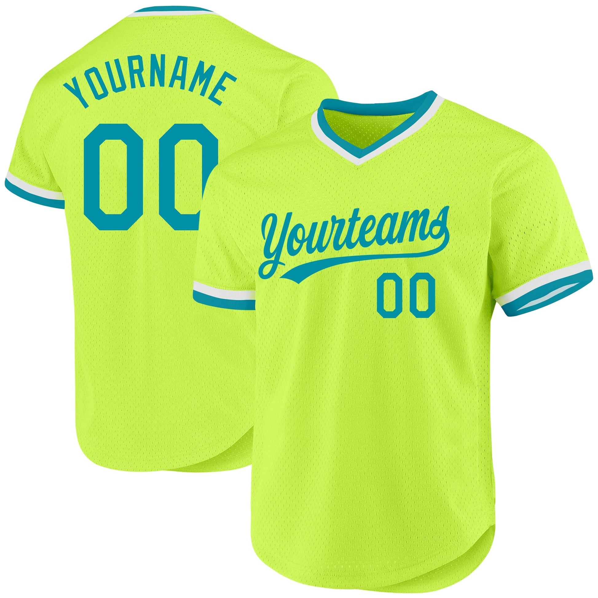 Custom Neon Green Teal-White Authentic Throwback Baseball Jersey baseball jersey product view 1