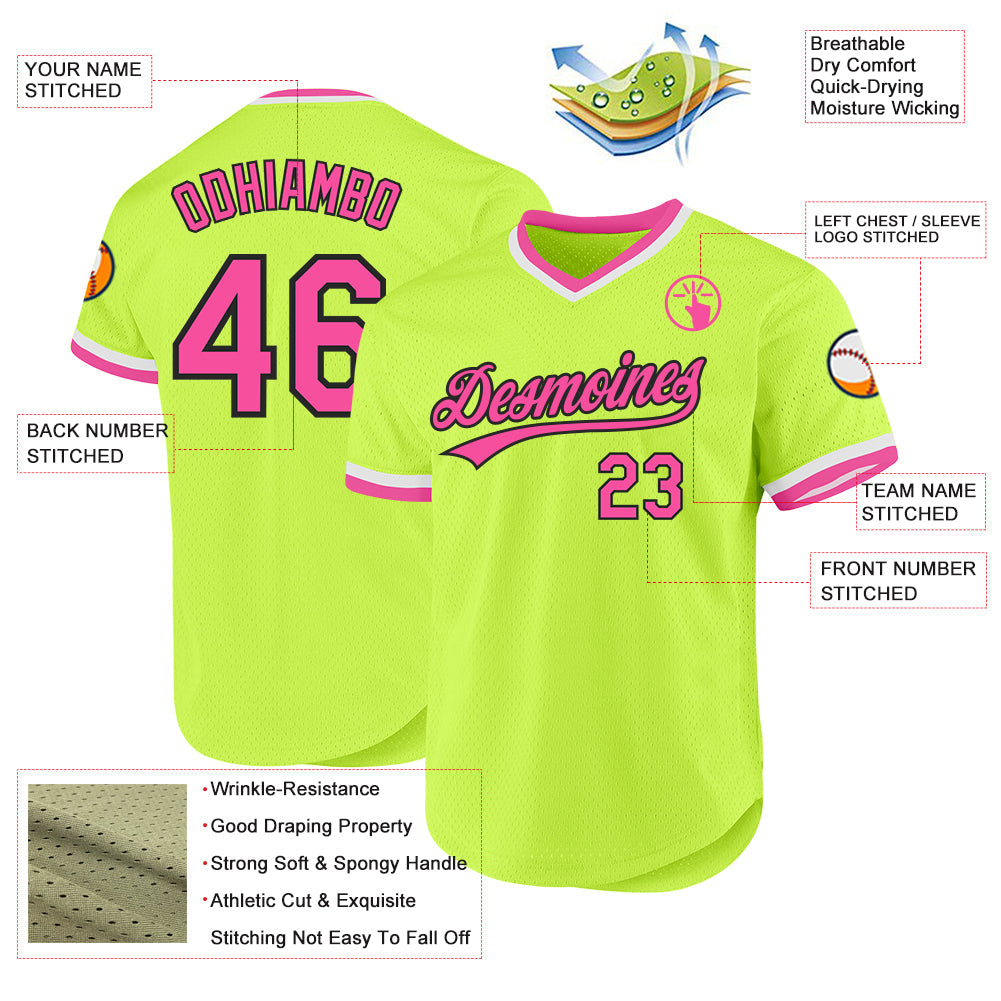 Custom Neon Green Pink-Black Authentic Throwback Baseball Jersey baseball jersey product view 3