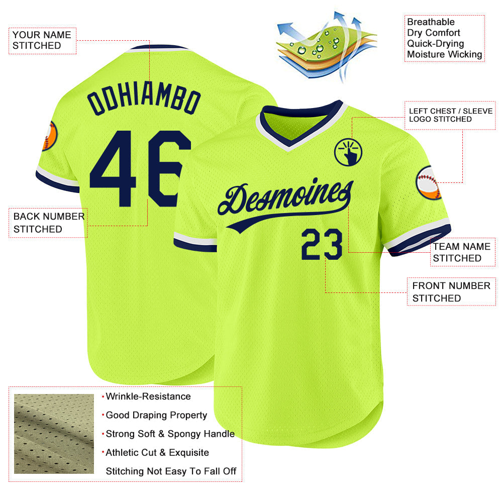 Custom Neon Green Navy-White Authentic Throwback Baseball Jersey baseball jersey product view 3