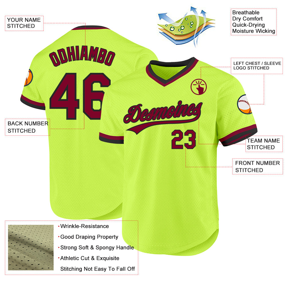Custom Neon Green Maroon-Black Authentic Throwback Baseball Jersey baseball jersey product view 3