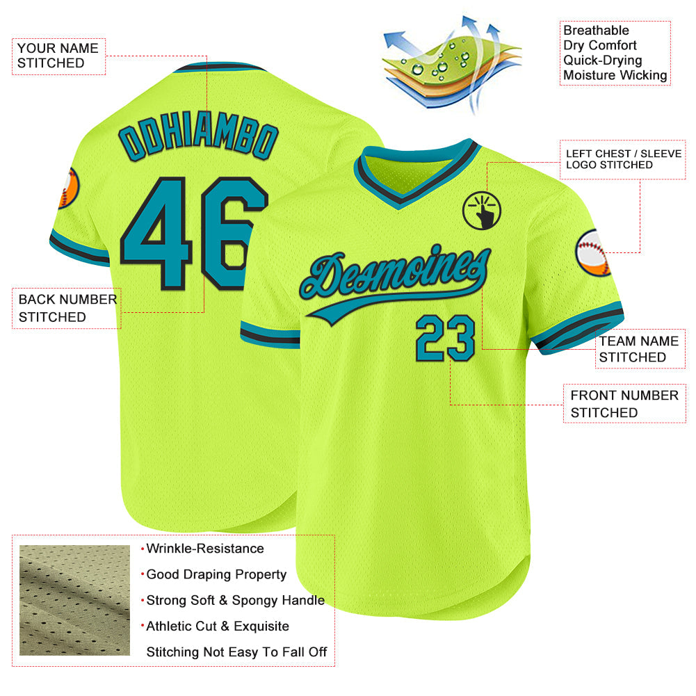 Custom Neon Green Teal-Black Authentic Throwback Baseball Jersey baseball jersey product view 3