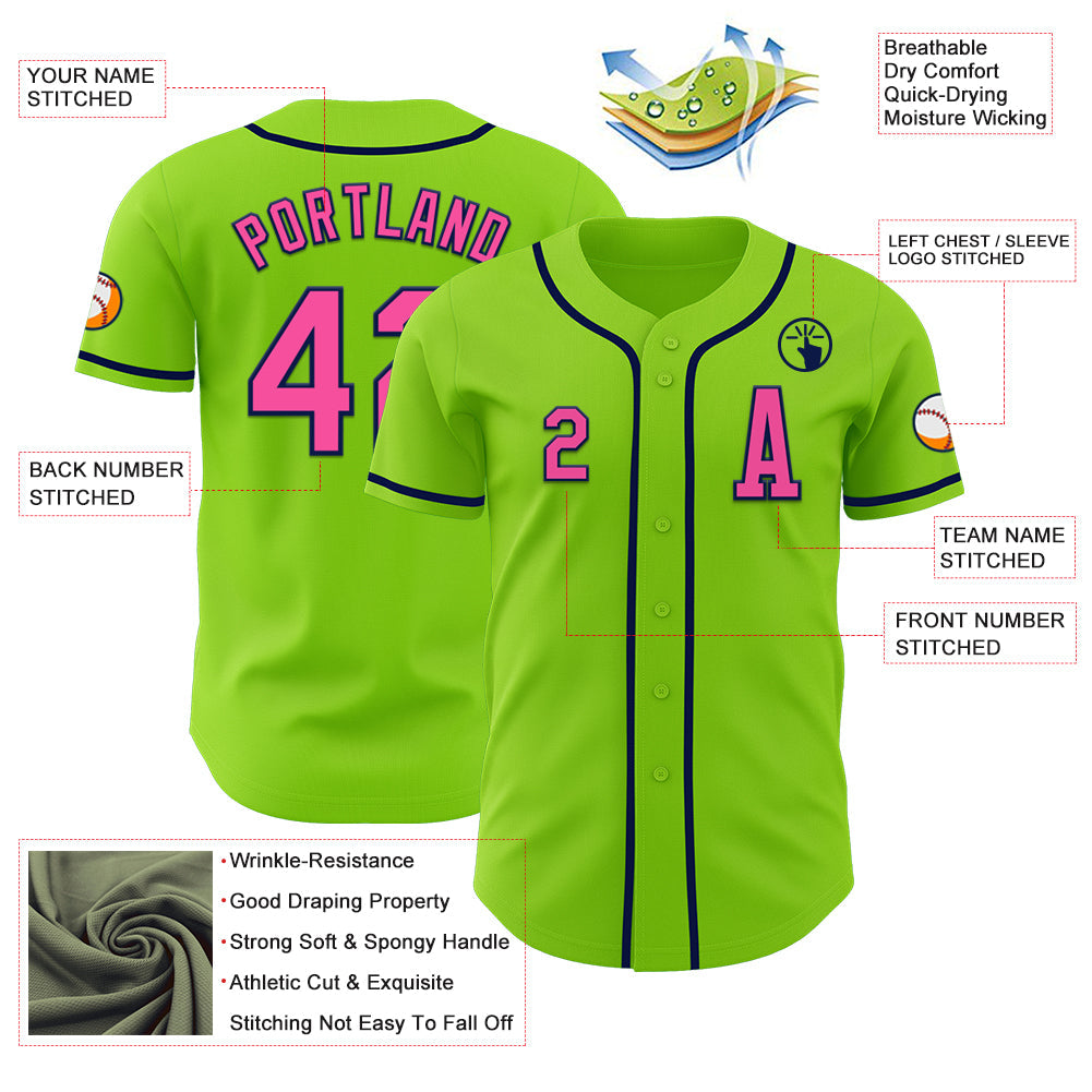 Custom Neon Green Pink-Navy Authentic Baseball Jersey baseball jersey product view 2
