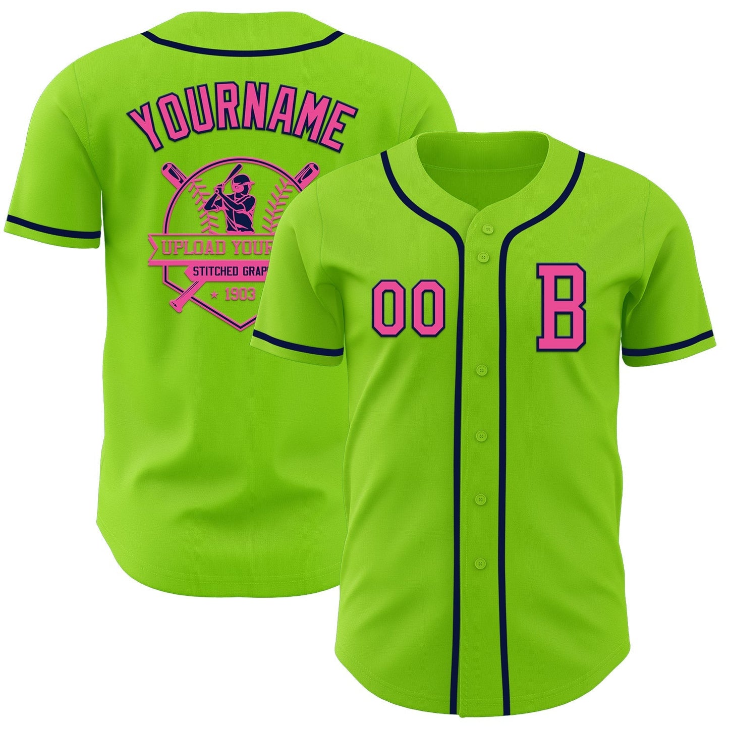 Custom Neon Green Pink-Navy Authentic Baseball Jersey baseball jersey product view 5