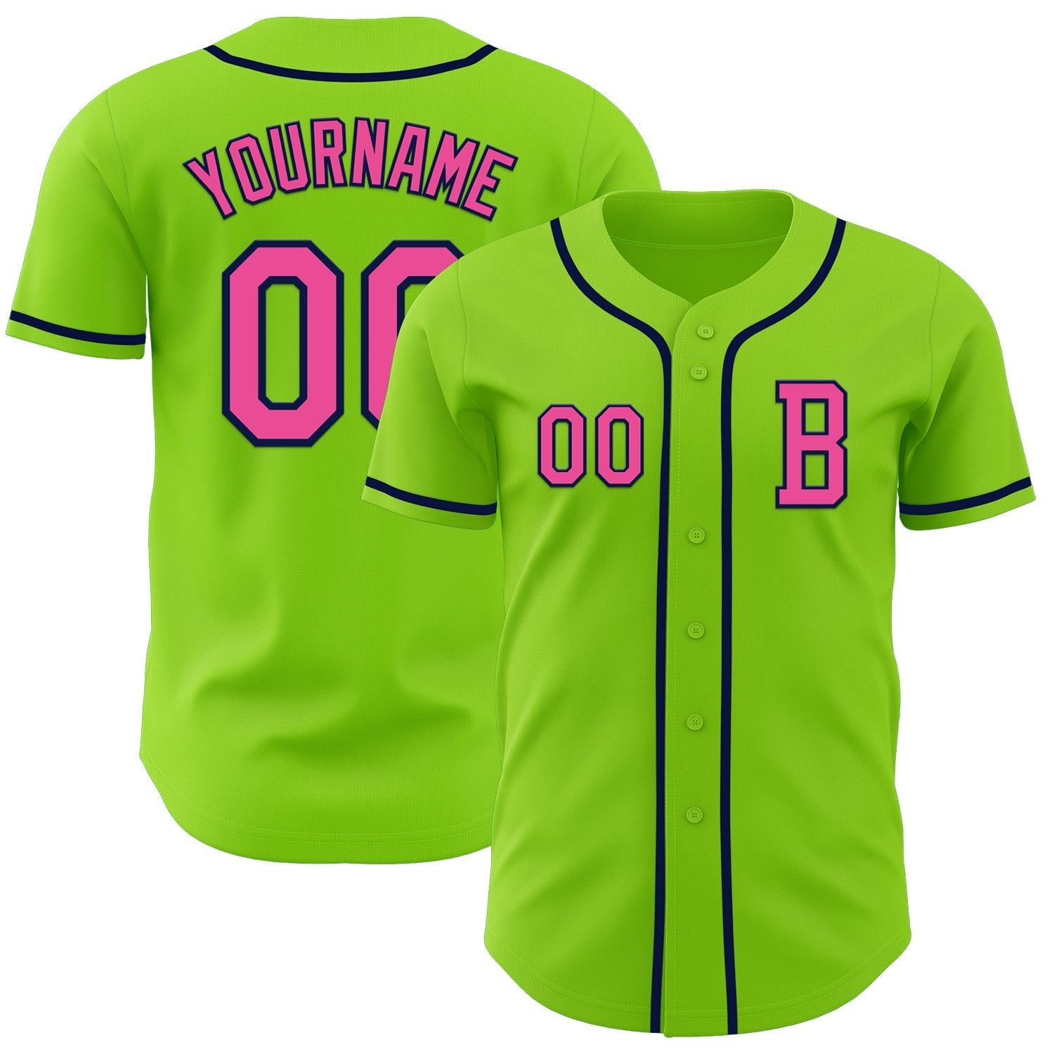 Custom Neon Green Pink-Navy Authentic Baseball Jersey baseball jersey product view 1