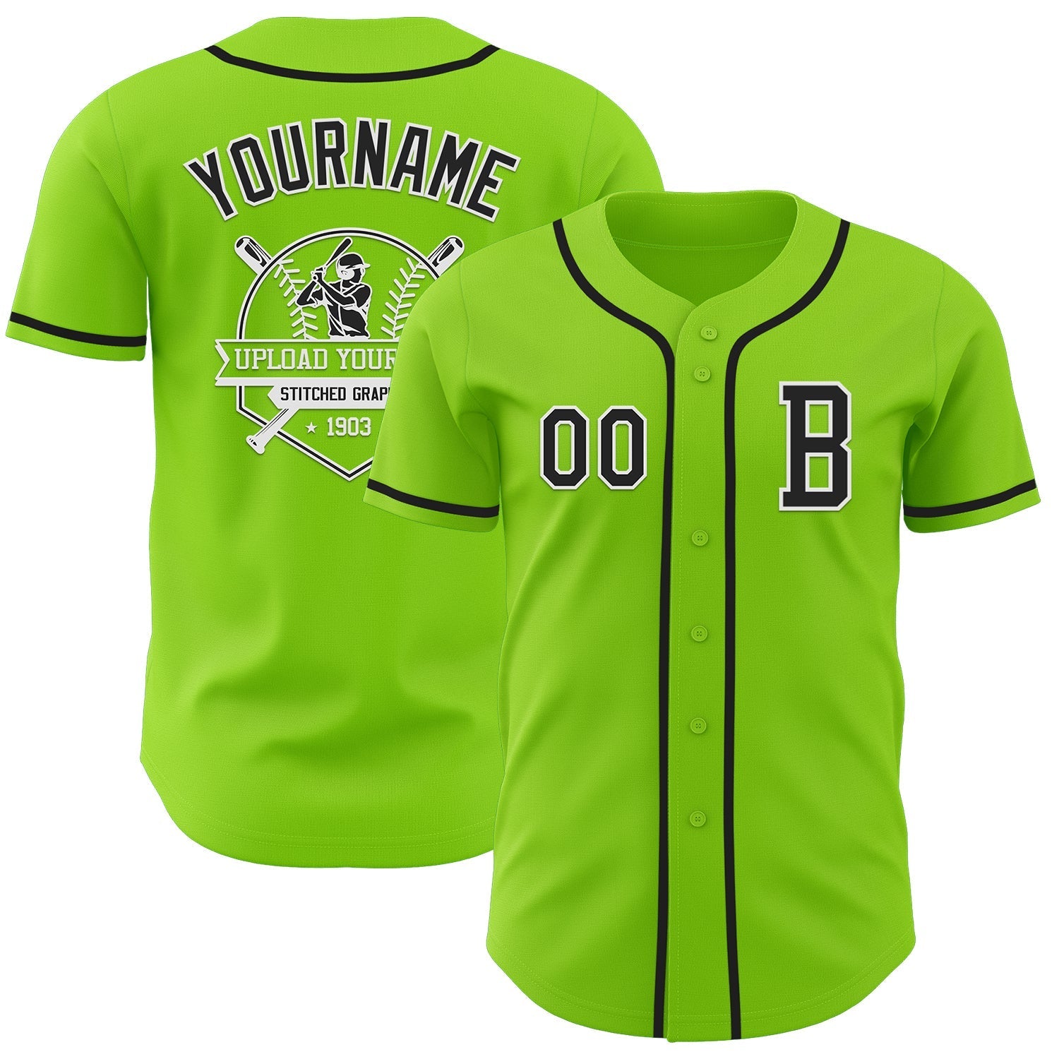 Custom Neon Green Black-White Authentic Baseball Jersey baseball jersey product view 5