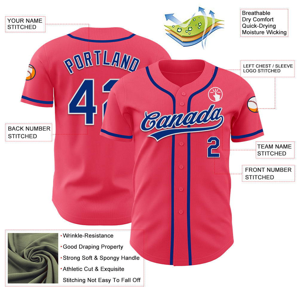 Custom Neon Pink Royal-White Authentic Baseball Jersey baseball jersey product view 3